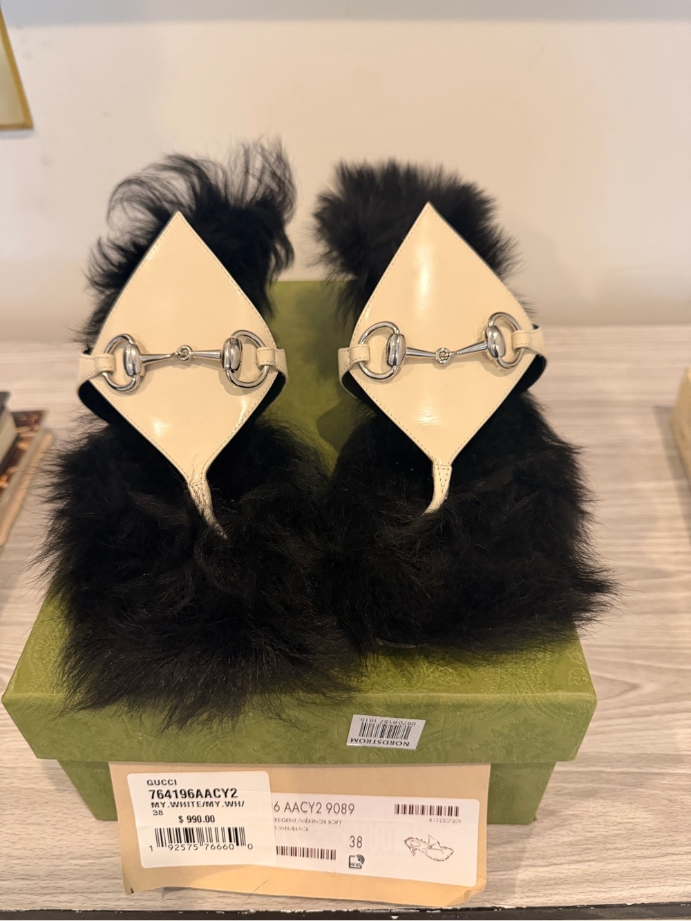 Gucci Cream Leather Fur-Trim Horsebit Mules - Picture 1 of 5